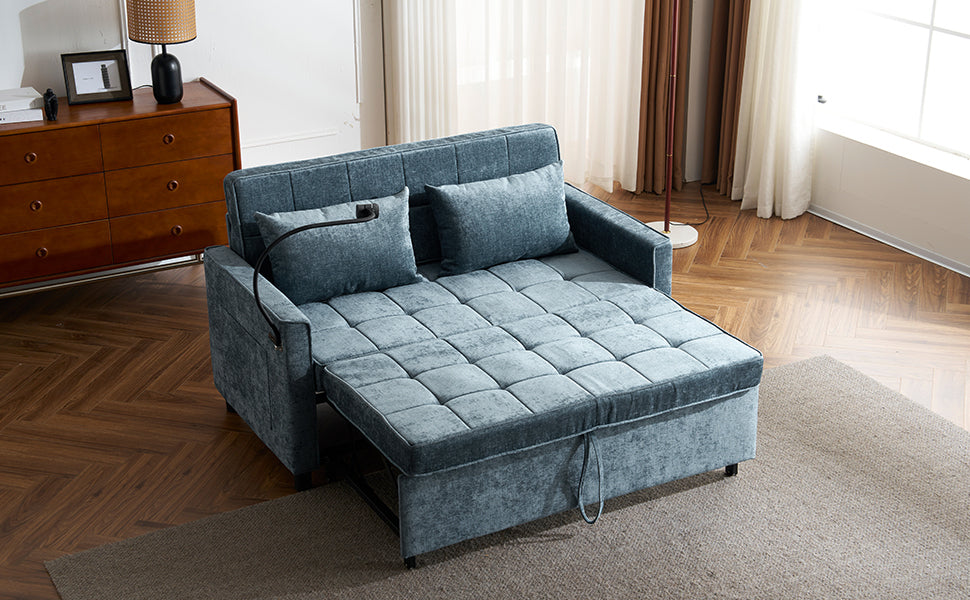 56.9" Loveseat Sofa Pull-out Sofa Bed Sleeper Sofa with a Reversible Backrest Cushion, Side Pockets, Two USB Ports and a Phone Holder for Living Room, Blue