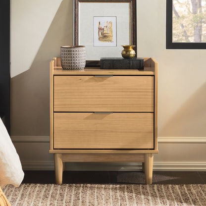 Mid-Century Modern 2-Drawer Solid Wood Nightstand – Natural Pine, Bedside Table