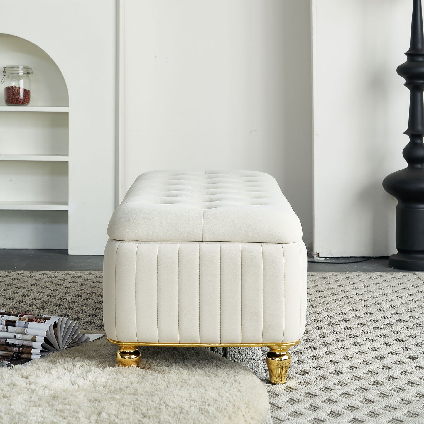 47.24''W Storage Ottoman,Upholstered Velvet Fabric Storage Ottoman with Safety Hinge, gold decoration strip and gold embroidery Footstool, Ottoman Bench for Living Room & Bedroom,Beige Color