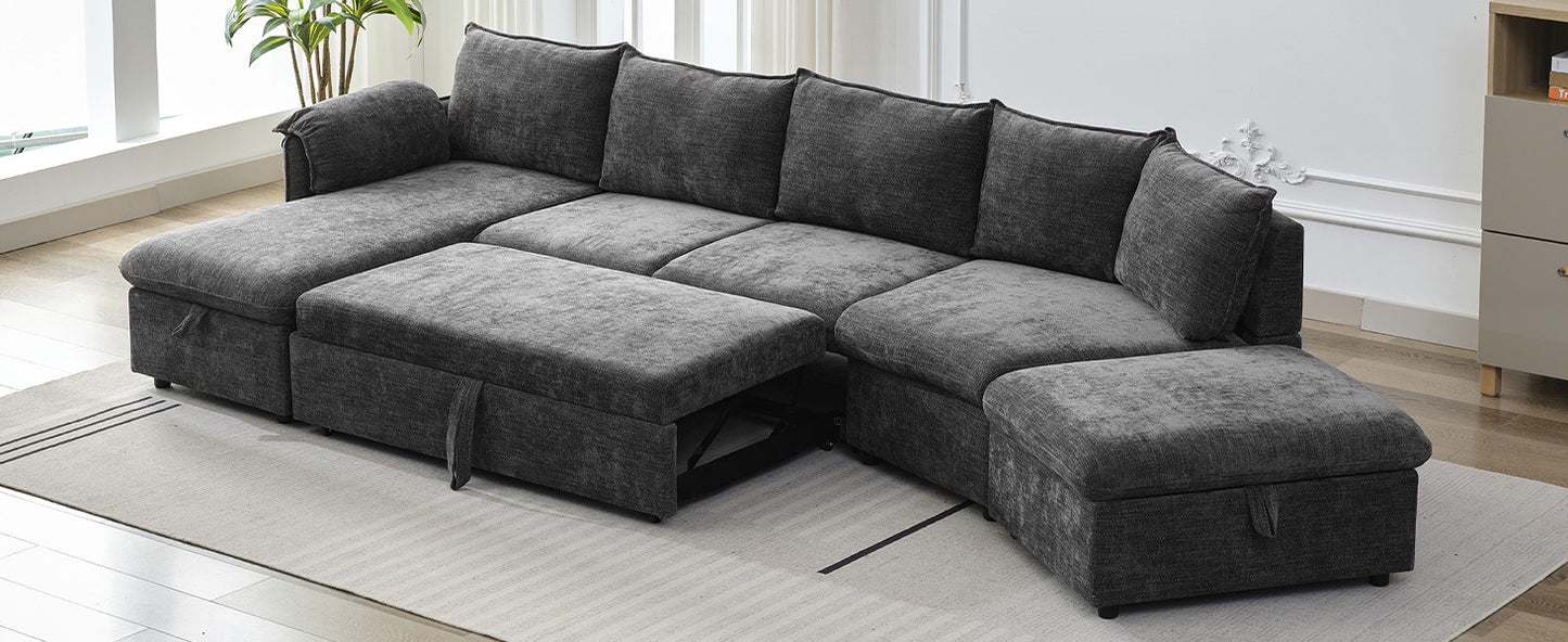 146.9" L-shaped Sofa Sectional Sofa Couch Pull-out Sofa Bed with a Movable Storage Ottoman, a Storage Chaise Lounge and Two USB Ports for Living Room, Grey