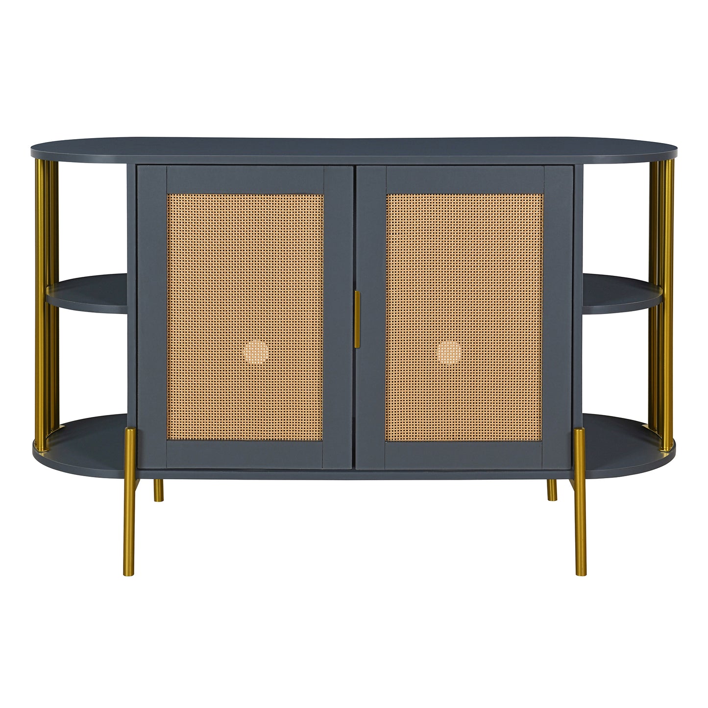 TREXM 2-Door Elegant Curved Dining Cabinet with Gold Trim and Woven Rattan Doors for Dining Room (Dark Gray)