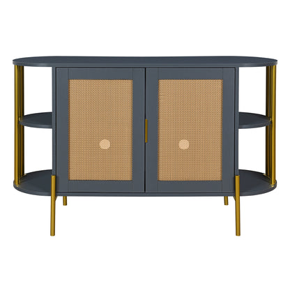 TREXM 2-Door Elegant Curved Dining Cabinet with Gold Trim and Woven Rattan Doors for Dining Room (Dark Gray)