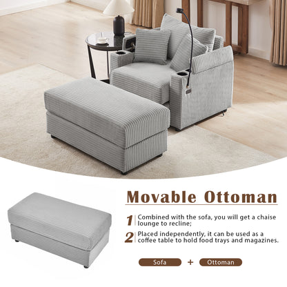 41.7" Modern Style Single Sofa Sofa Couch with Storage Space, A Movable Ottoman, Two USB Ports, Two Cup Holders, A Phone Holder for Living Room, Grey