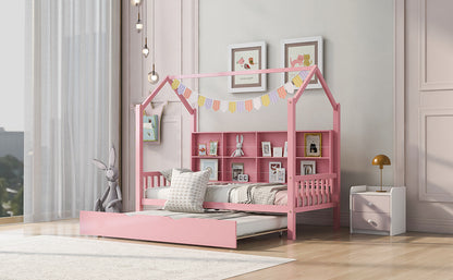 Wooden Twin Size House Bed with Trundle,Kids Bed with Shelf,Pink