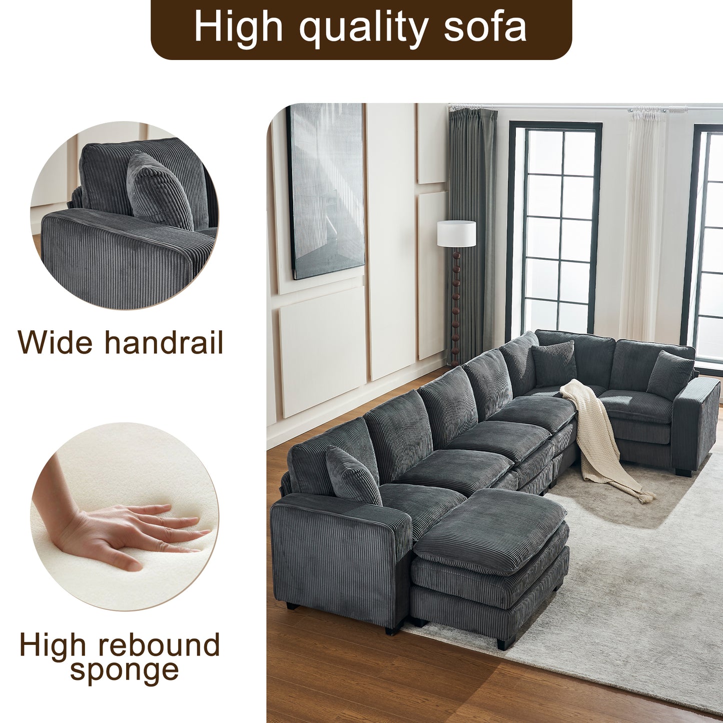 Modern U Shaped 6-seat Sectional Sofa Couch with one Ottoman and three toss pillows ,Modular Sofa for Living Room,Corduroy sofa