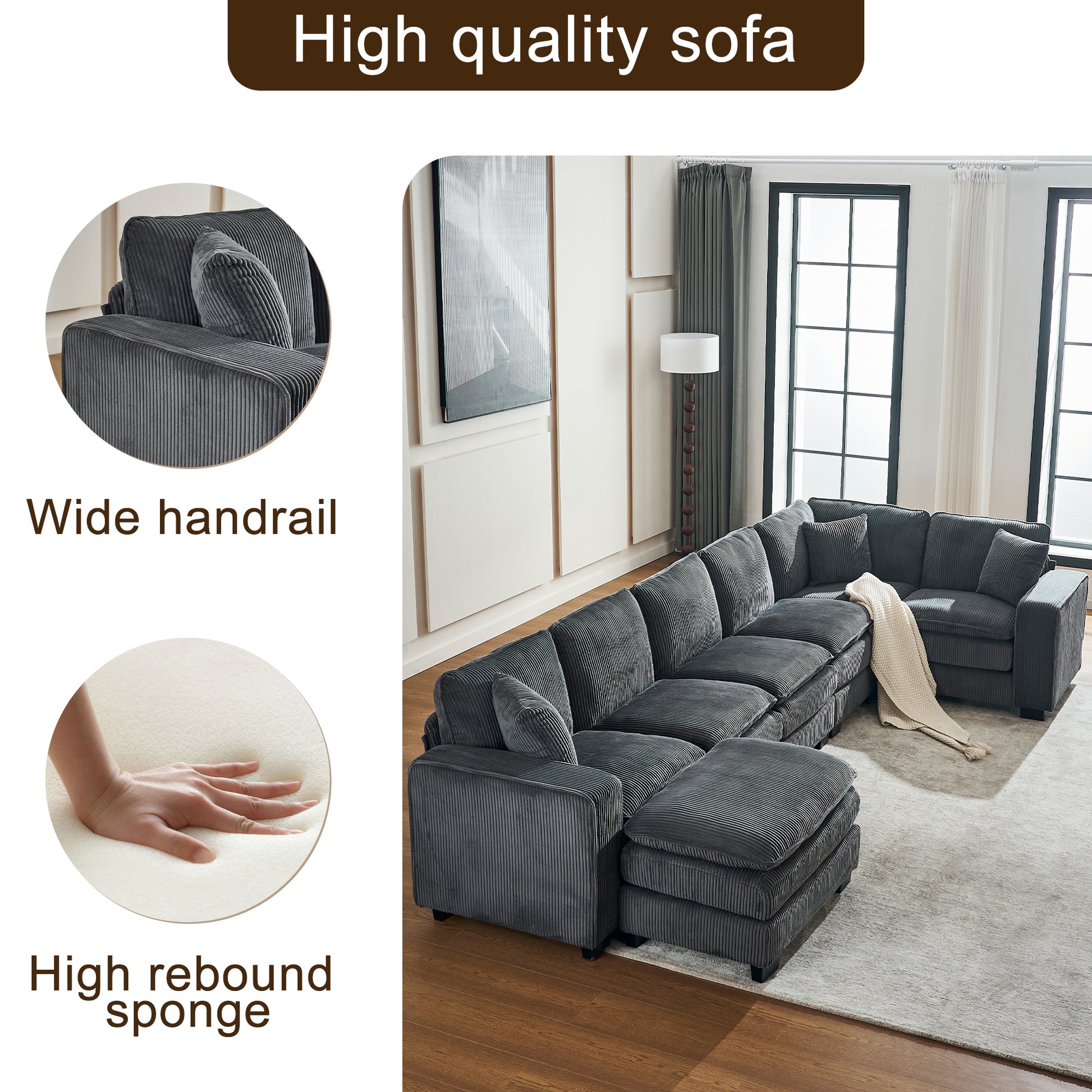 Modern U Shaped 6-seat Sectional Sofa Couch with one Ottoman and three toss pillows ,Modular Sofa for Living Room,Corduroy sofa