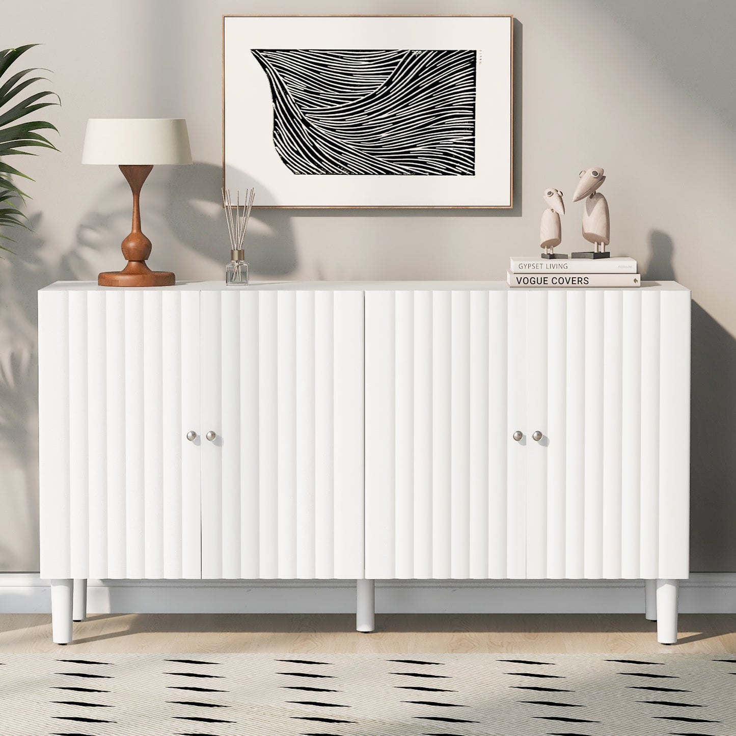 U_STYLE Elegant Four-Door Sideboard with Wavy Pattern Doors, Cylindrical Legs, and Sleek Metal Handles, Adjustable, Suitable for Study, Entryway and Living Room