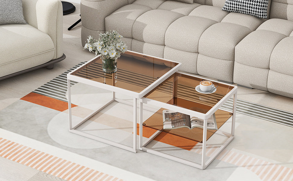 ON-TREND Modern Nested Coffee Table Set with High-low Combination Design, Brown Tempered Glass Cocktail Table with Metal Frame, Length Adjustable 2-Tier Center&End Table for Living Room, White