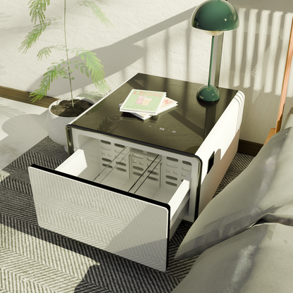 Modern Smart Side Table with Built-in Fridge, Wireless Charging, Temperature Control, Power Socket, USB Ports, Outlet Protection, Induction Light, White