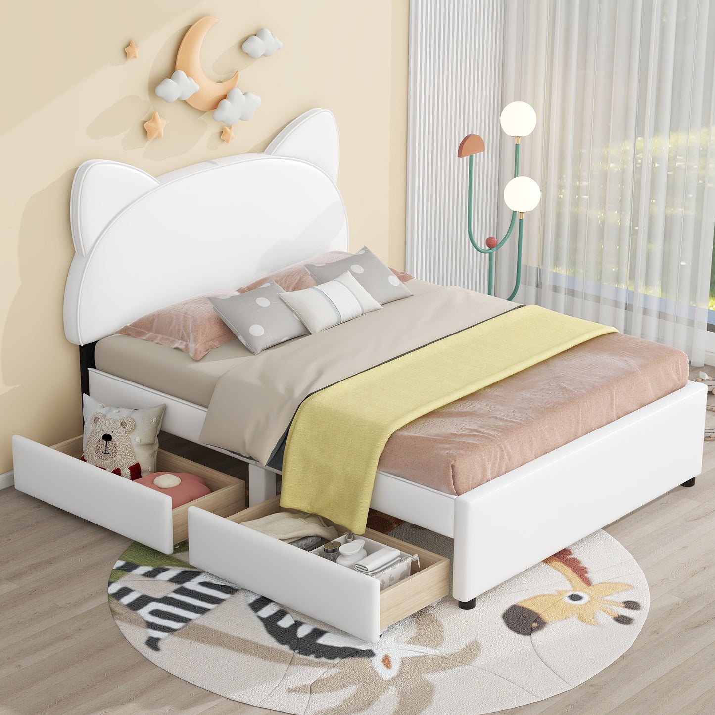 Full Size Upholstered Platform Bed with Cartoon Ears Shaped Headboard and 2 Drawers, White