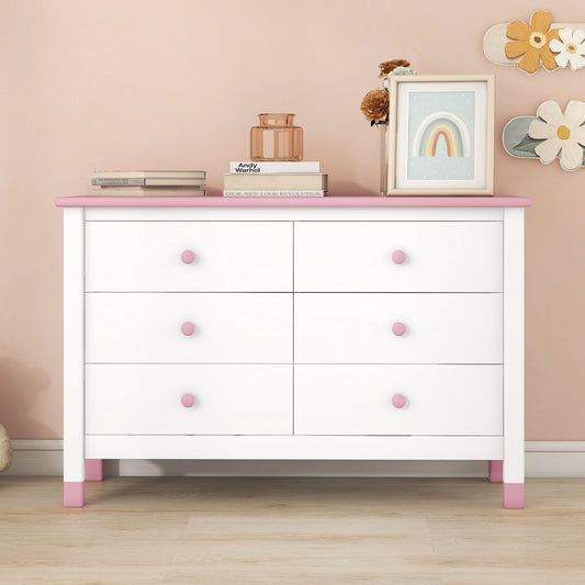 Wooden Storage Dresser with 6 Drawers,Storage Cabinet for kids Bedroom,White+Pink