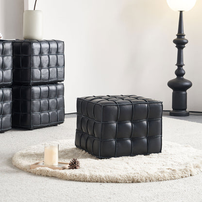 17.32''W Genuine Leather Tufted Ottoman,Footstool for Living Room & Bedroom,Black Color