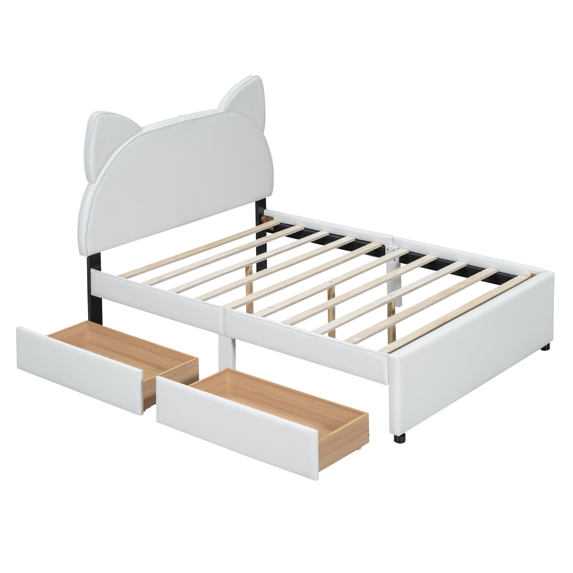 Full Size Upholstered Platform Bed with Cartoon Ears Shaped Headboard and 2 Drawers, White