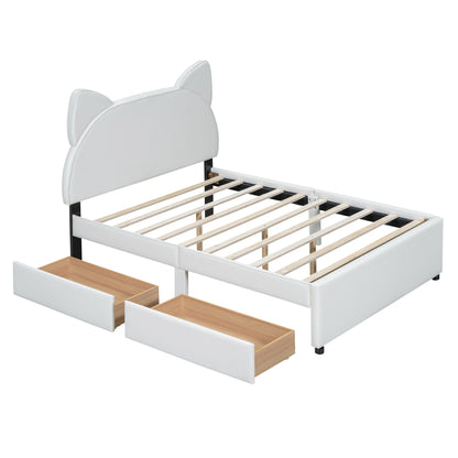 Full Size Upholstered Platform Bed with Cartoon Ears Shaped Headboard and 2 Drawers, White