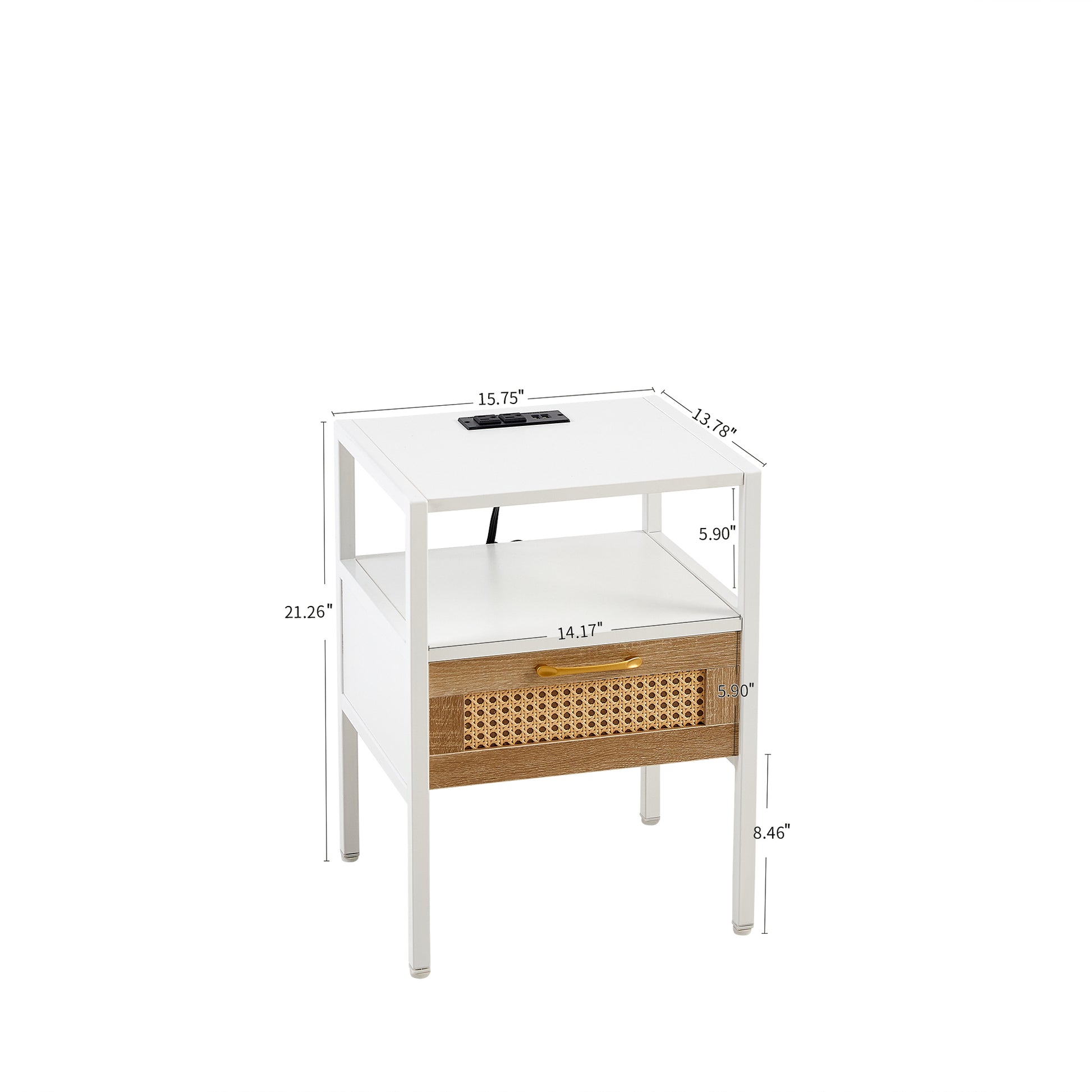 15.75" Rattan End table with Power Outlet  & USB Ports , Modern nightstand with drawer and metal legs, side table for living room, bedroom,white(1 PC)