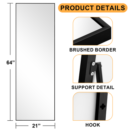 Aluminum alloy thin edged rectangular black full-length mirror with stand 64 * 21 * 1 inch Bathroom Vanity Mirror for Bedroom Entryway, Living/Dressing Room