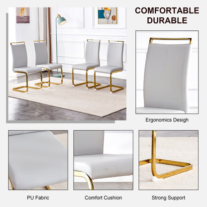 Table and chair set.Modern Luxurious Round Tempered Glass Dining Table Set-40*40 inch with 4 Light Gray PU Chairs.C-tube Gold Metal Chair Legs.Bring a comfortable home experience to the kitchen.