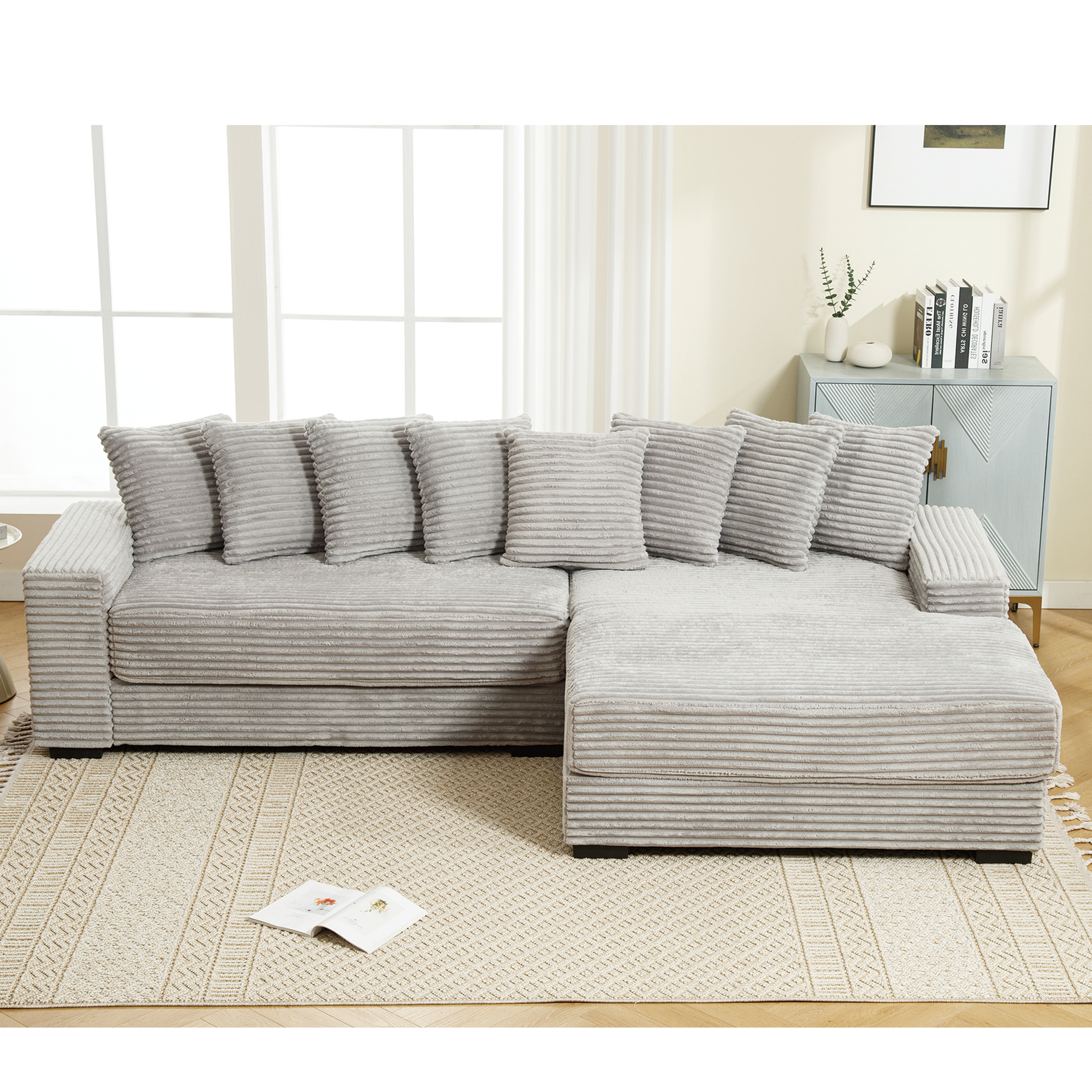 [NEW ARRIVED] [VIDEO PROVIDED] Oversized Two-Piece Couches, L Shaped Sofa, Corduroy, Right Chaise Daybed,with Armrests,Eight Throw Pillows,Corner Sofa,Easy To Assemble, Gray