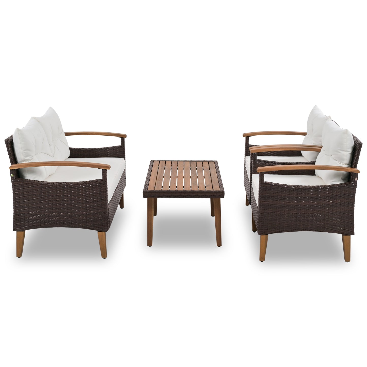 GO 4-Piece Garden Furniture,  Patio Seating Set, PE Rattan Outdoor Sofa Set, Wood Table and Legs, Brown and Beige