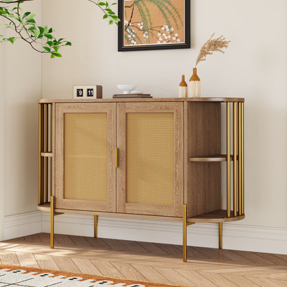 TREXM 2-Door Elegant Curved Dining Cabinet with Gold Trim and Woven Rattan Doors for Dining Room (Natural)