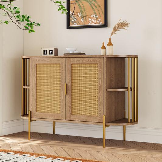 TREXM 2-Door Elegant Curved Dining Cabinet with Gold Trim and Woven Rattan Doors for Dining Room (Natural)