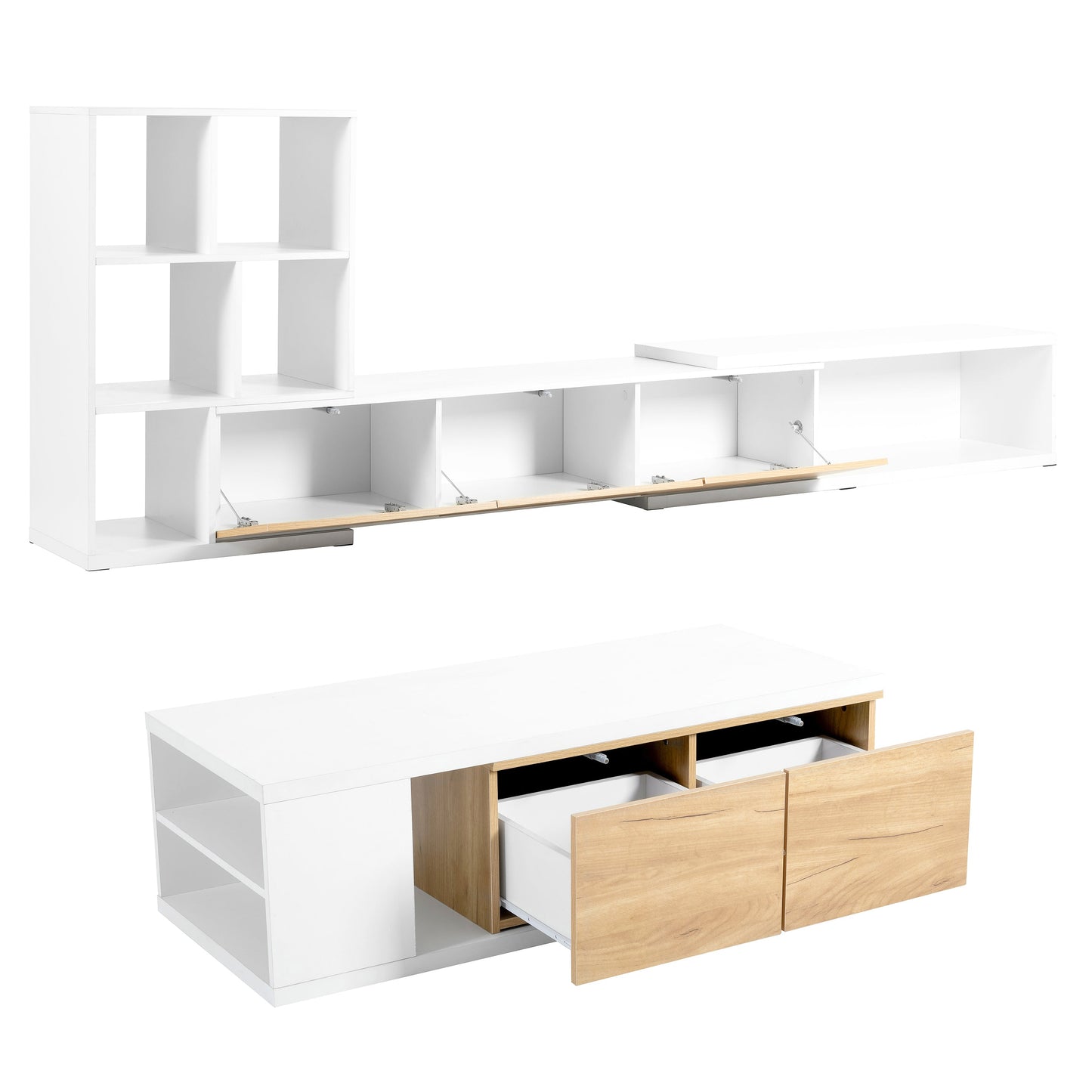 ON-TREND Extendable TV Stand and Coffee Table Set with 3 Tier Bookshelves for Living Room