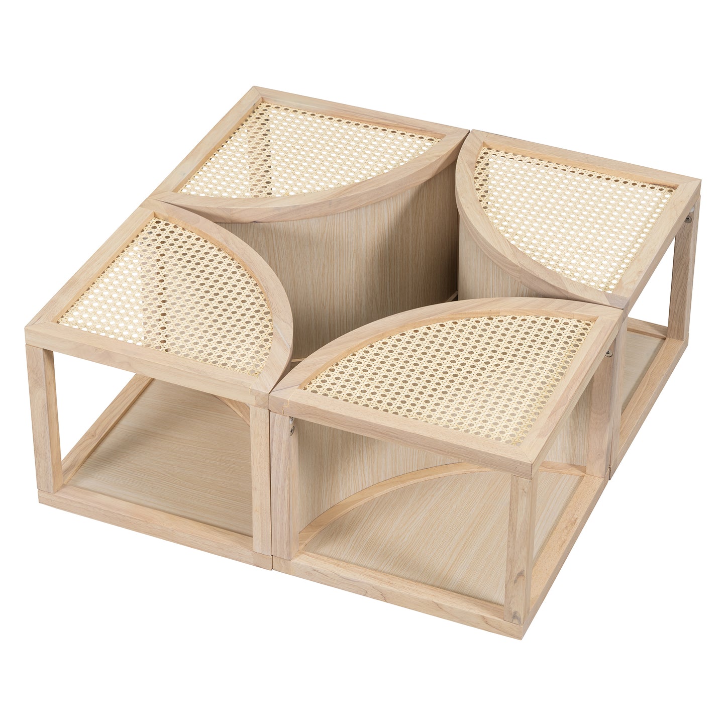 Round to Square Block Modular Coffee Table Light Natural Rattan with Storage 4 Piece