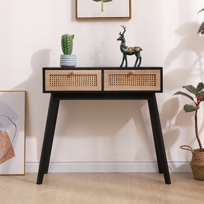 Side table with two real rattan drawers, solid wood table legs,can be used in the dining room, living room,bedroom,entrance,black