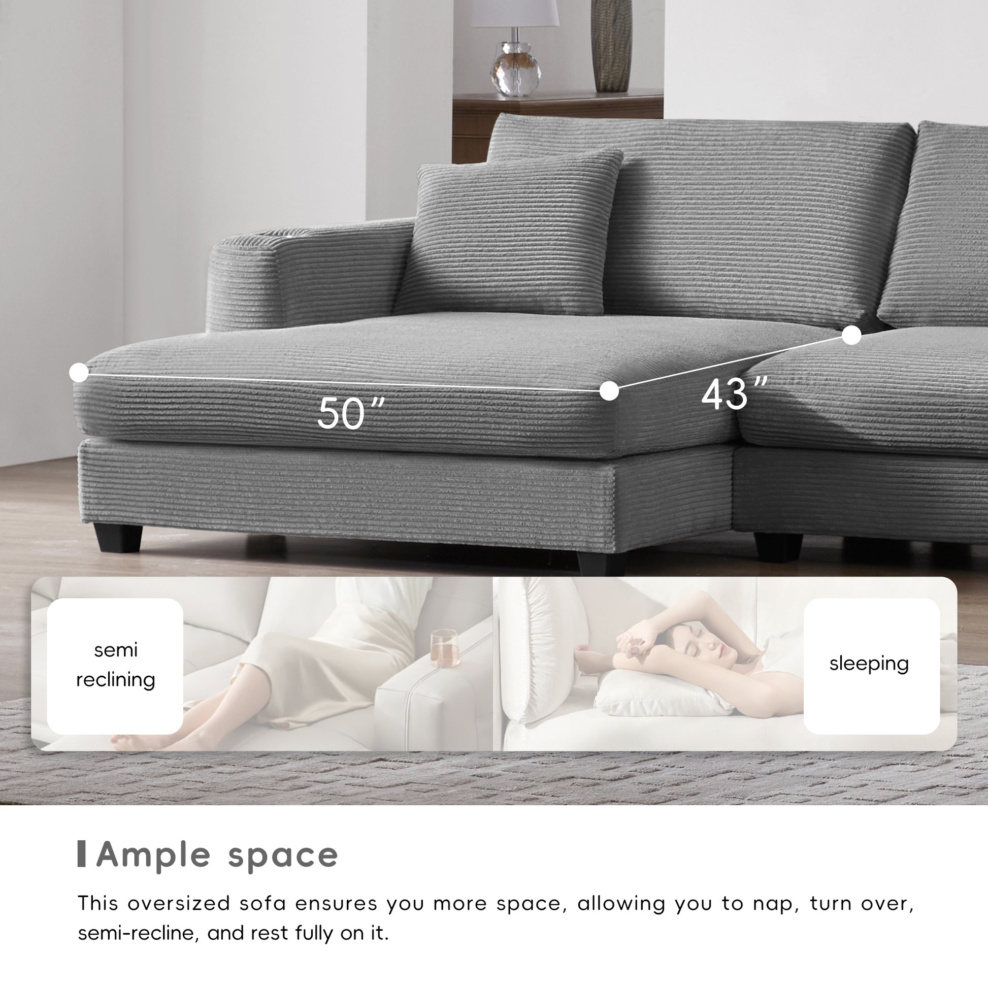 [VIDEO provided][New]134*54"Oversized Corduroy Sectional Sofa,L Shaped Cloud Couch with USB Charging Port,Cup Holder,Deep Seat Sofa Bed with 50" Chaise,Comfy Indoor Furniture for Living Room,3 Colors