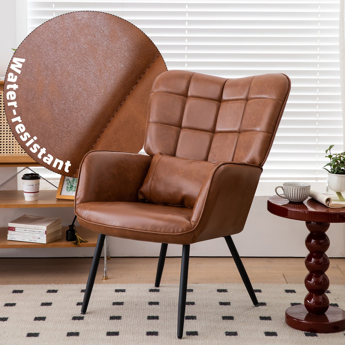 Bonded Leather Armchair, Modern Accent Chair High Back, Living Room Chairs with Metal Legs and Soft Padded, Sofa Chairs for Home Office,Bedroom,Dining Room (Brown-1pc)