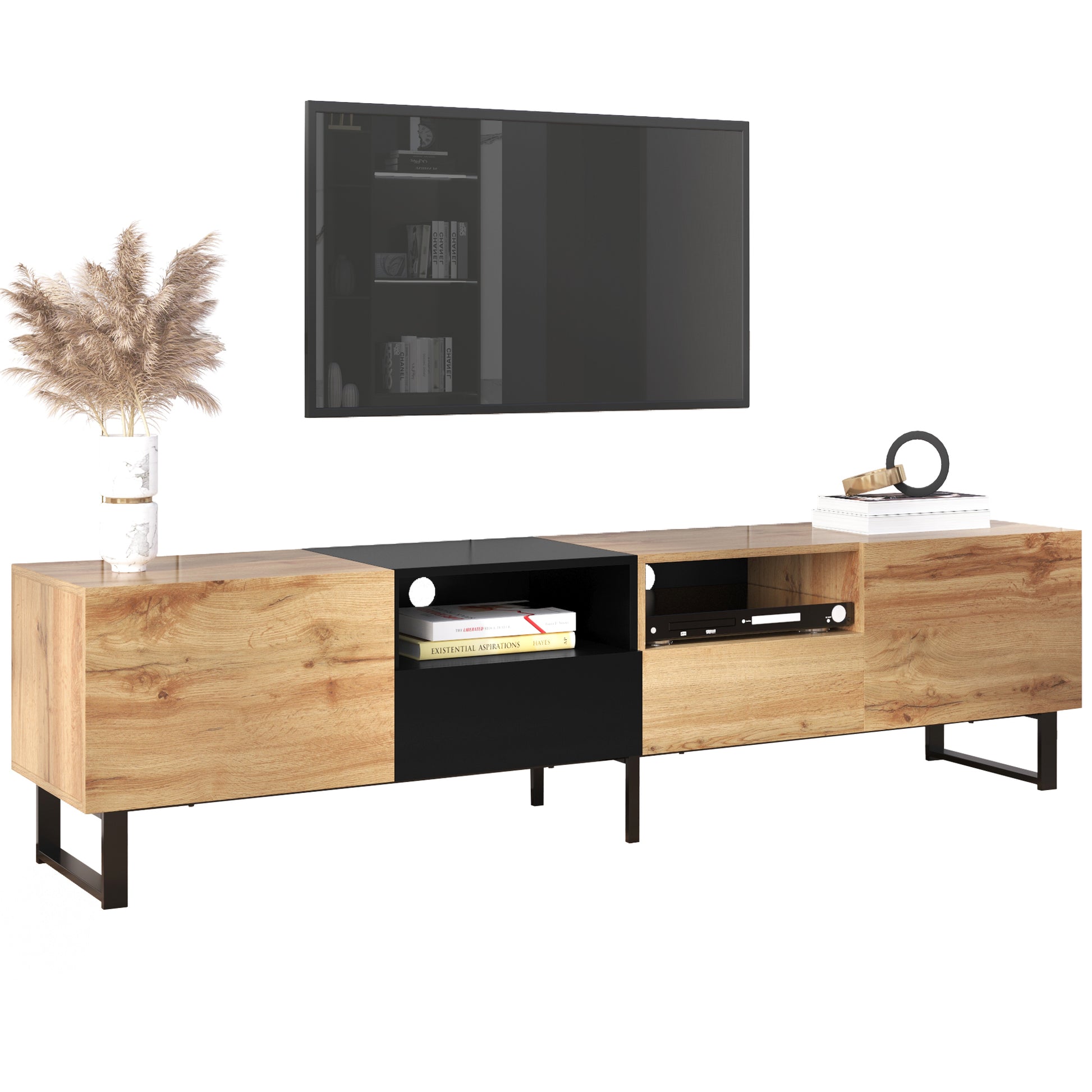 Modern TV Stand with 2 Cabinets& Open Storage Compartment, Color-matching Media Console Table for TVs up to 85'', Entertainment Center with Drop Down Door for Living Room, Bedroom, Home Theatre