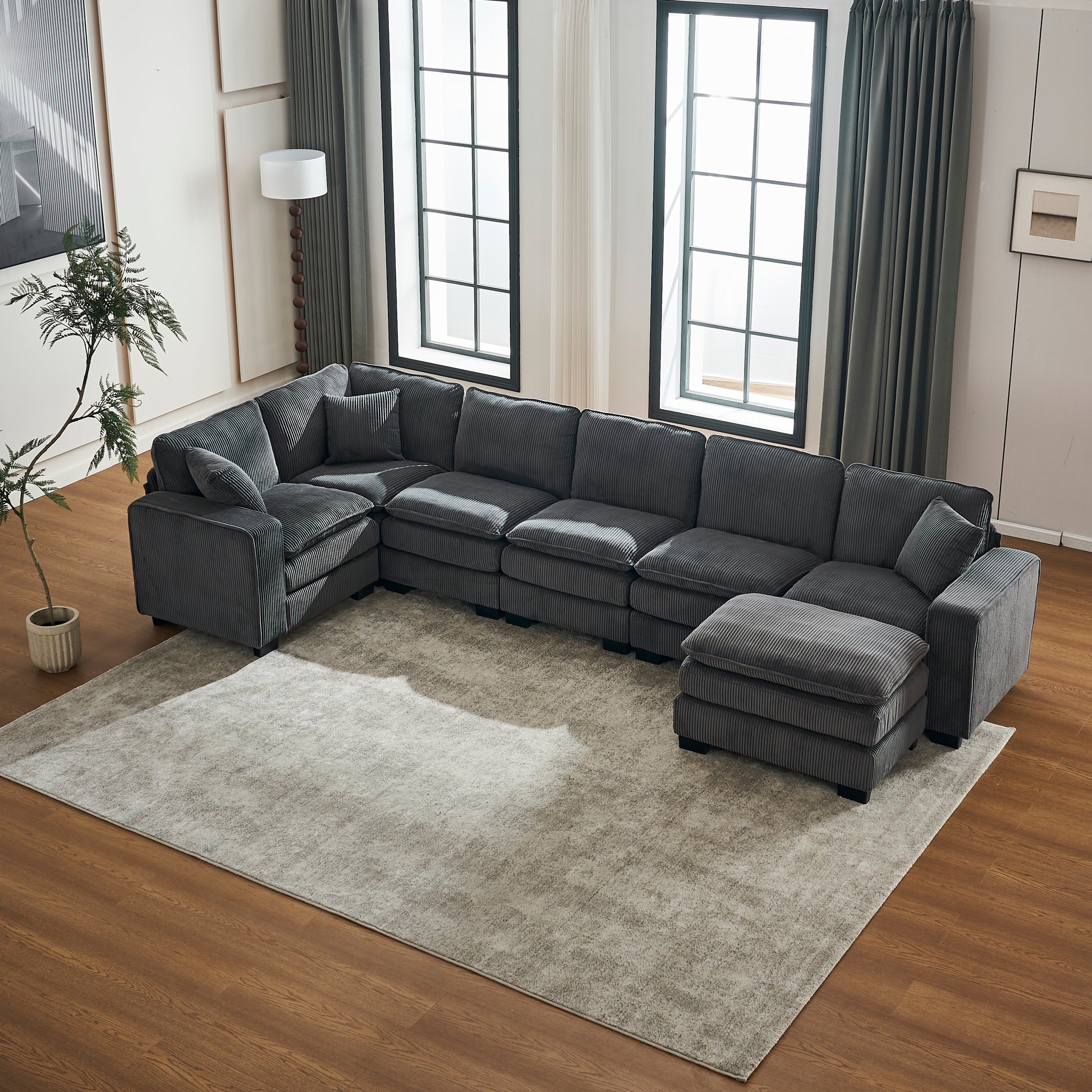 Modern U Shaped 6-seat Sectional Sofa Couch with one Ottoman and three toss pillows ,Modular Sofa for Living Room,Corduroy sofa