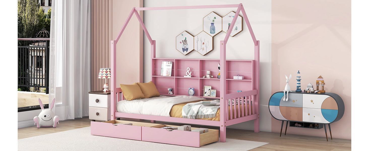 Wooden Twin Size House Bed with 2 Drawers,Kids Bed with Storage Shelf, Pink