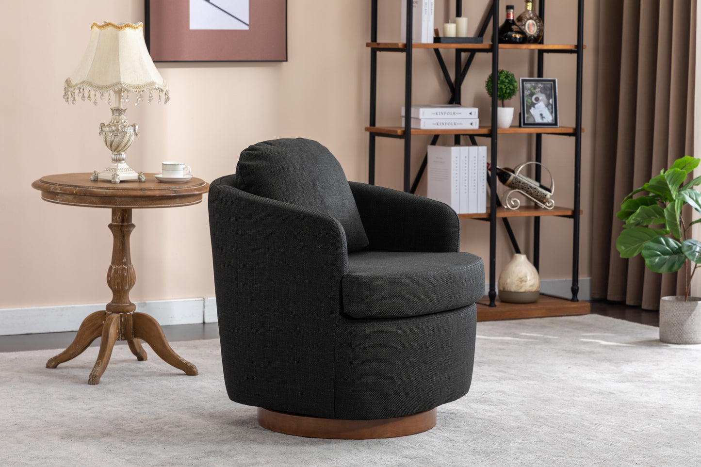 035-Linen Fabric Swivel Accent Chair With Soild Wood Round Brown Base Leg,Dark Gray