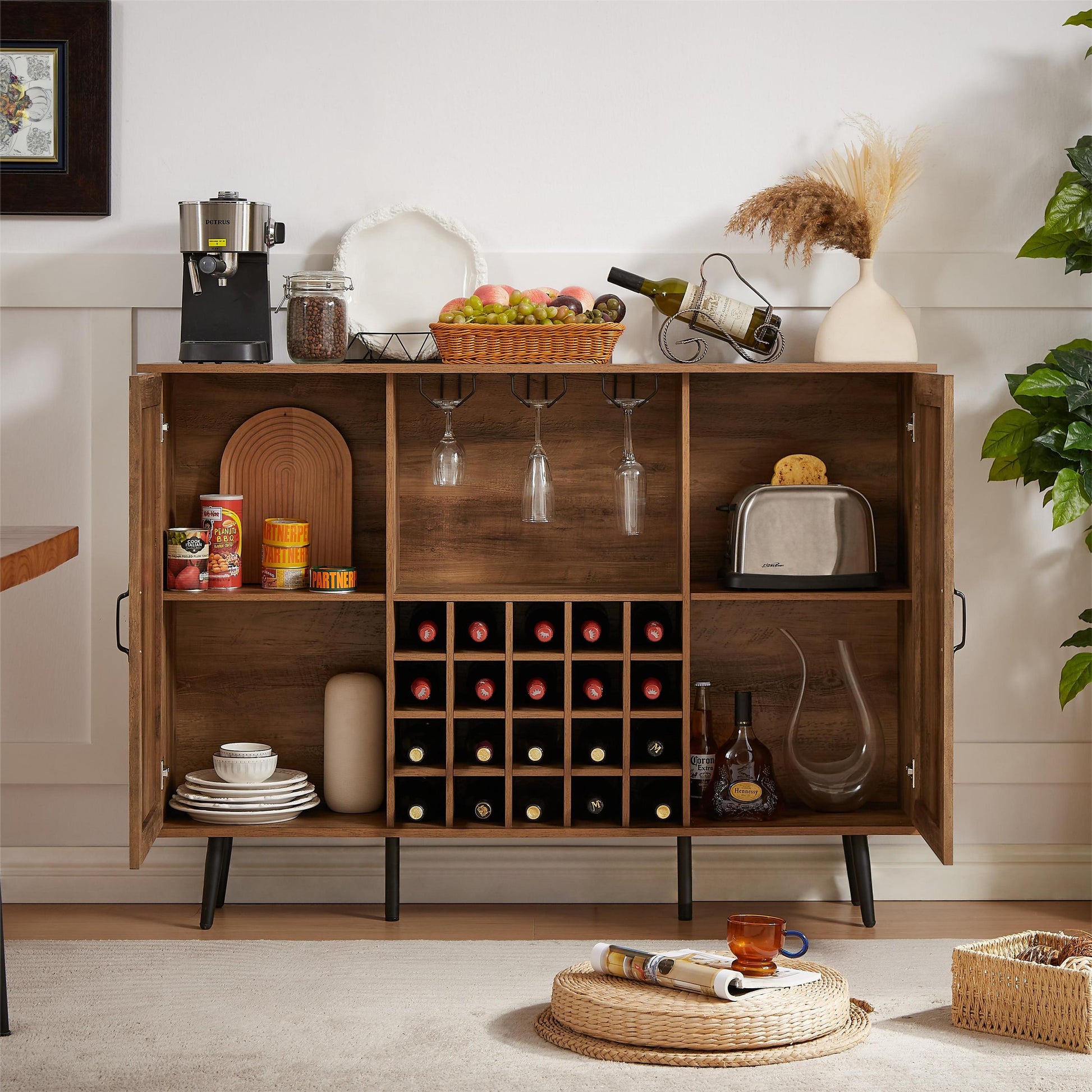 Oak Color Faux Rattan Barn Door Wine Cabinet with Wine Rack and Wine Glass Rack, Double Door Design with Removable Shelves, Rustic Wood Storage Cabinet