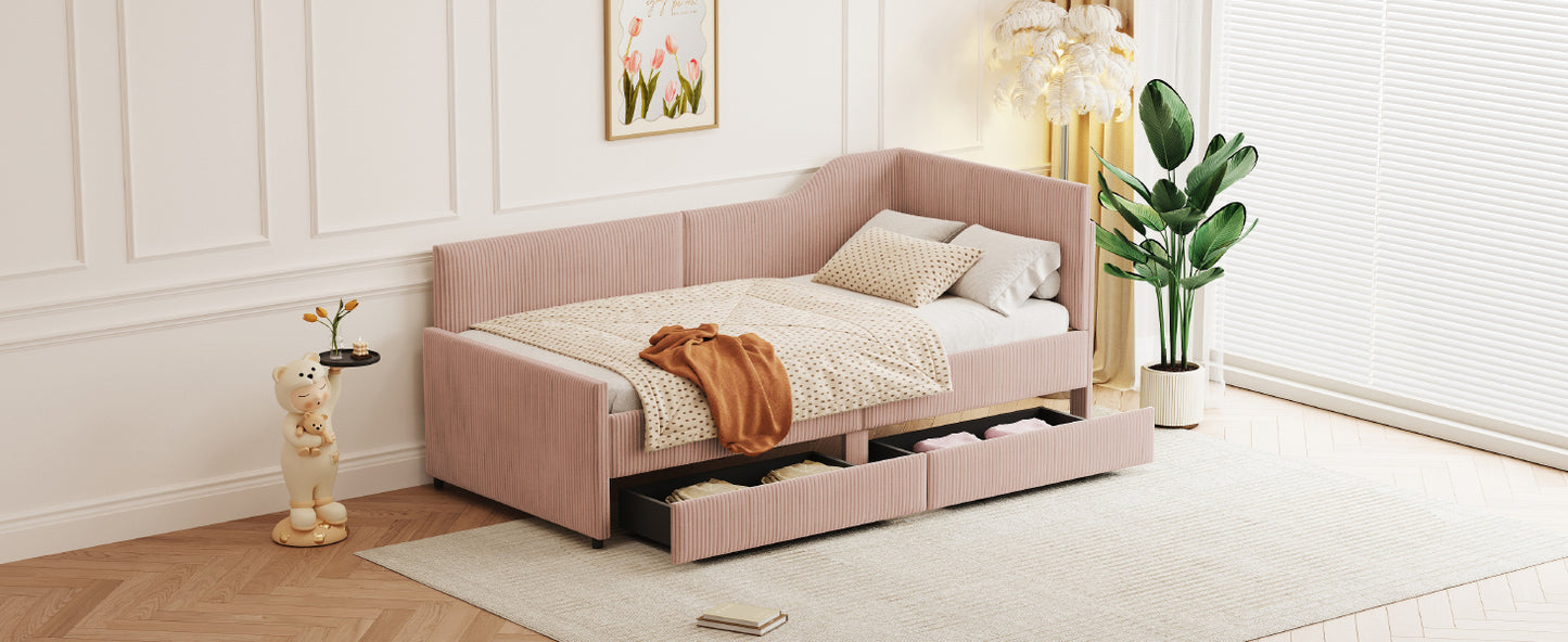 Twin Size L-Shaped Corduroy Daybed,Upholstered Bed Frame with 2 Storage Drawers,Pink