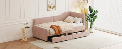 Twin Size L-Shaped Corduroy Daybed,Upholstered Bed Frame with 2 Storage Drawers,Pink