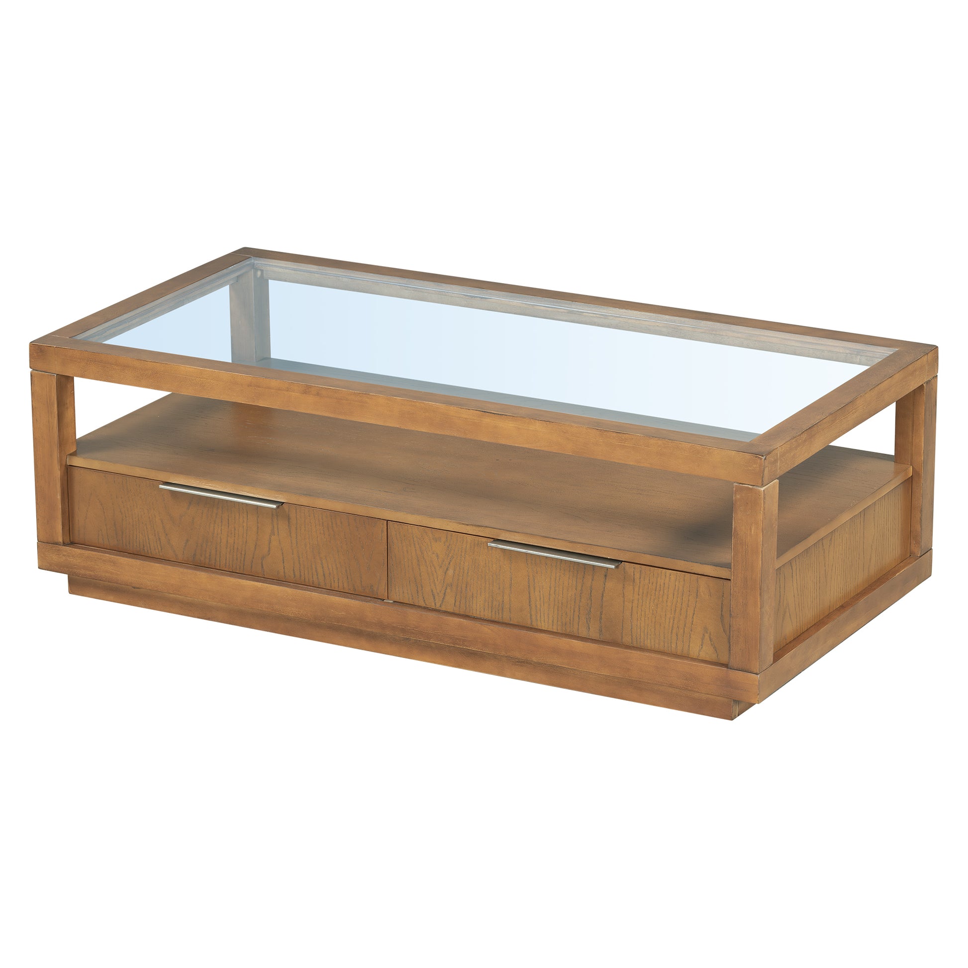 U-Can Modern Wood Coffee Table with 2 Drawers ,Minimalist Display Coffee Table with Transparent Tempered Glass, Open Storage Shelf for Living Room