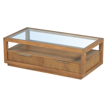 U-Can Modern Wood Coffee Table with 2 Drawers ,Minimalist Display Coffee Table with Transparent Tempered Glass, Open Storage Shelf for Living Room