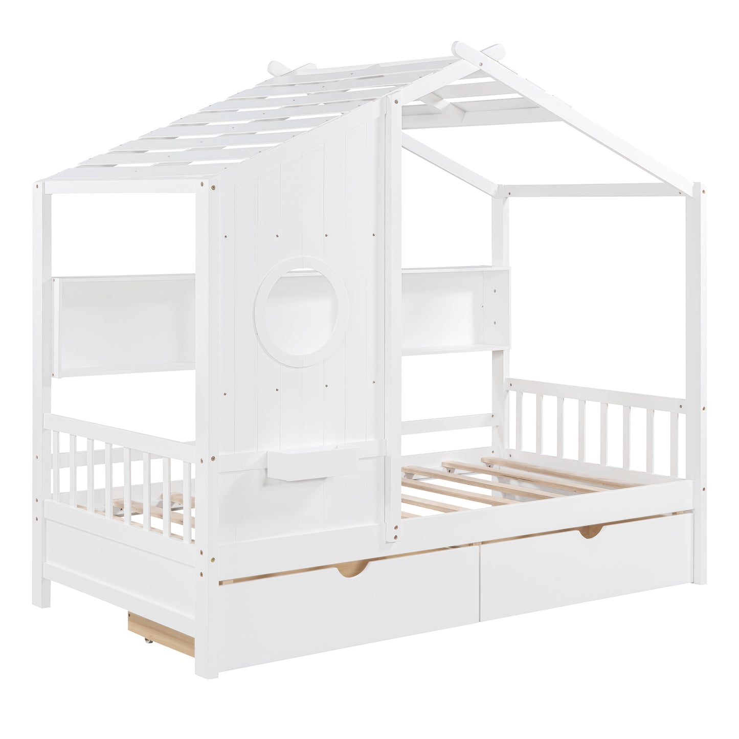 Wooden Twin Size House Bed with 2 Drawers,Kids Bed with Storage Shelf, White