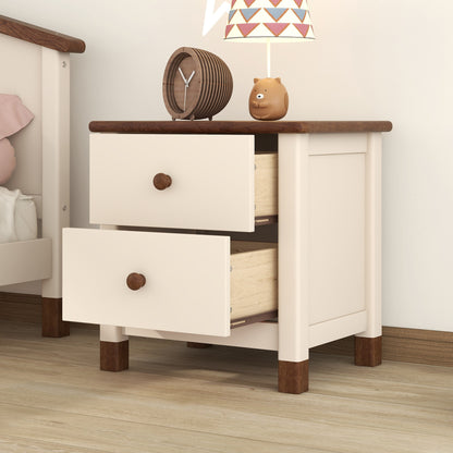 Wooden Nightstand with Two Drawers for Kids,End Table for Bedroom,Cream+Walnut