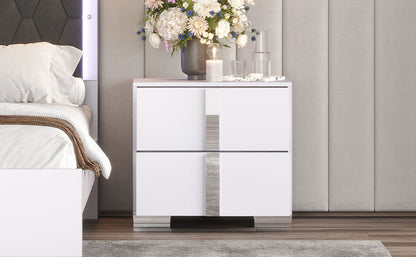 Elegant Nightstand with Metal Handle,Mirrored Bedside Table with 2 Drawers for Bedroom,Living Room,White