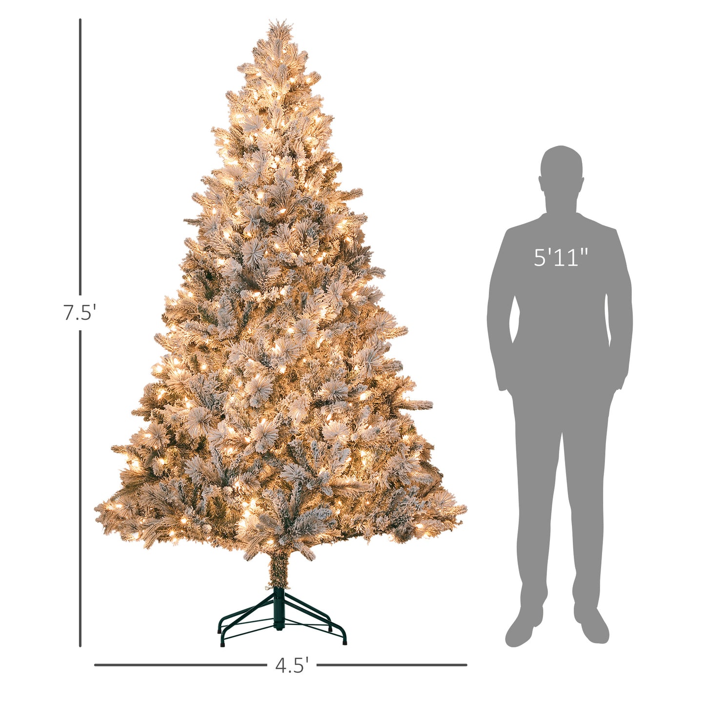 HOMCOM 7.5 ft Pre-Lit Artificial Christmas Tree with 500 Clear Lights and 1530 Tips, Snow Flocked Christmas Tree with Metal Stand, Hinged Xmas Tree for Home Office Holiday, Green