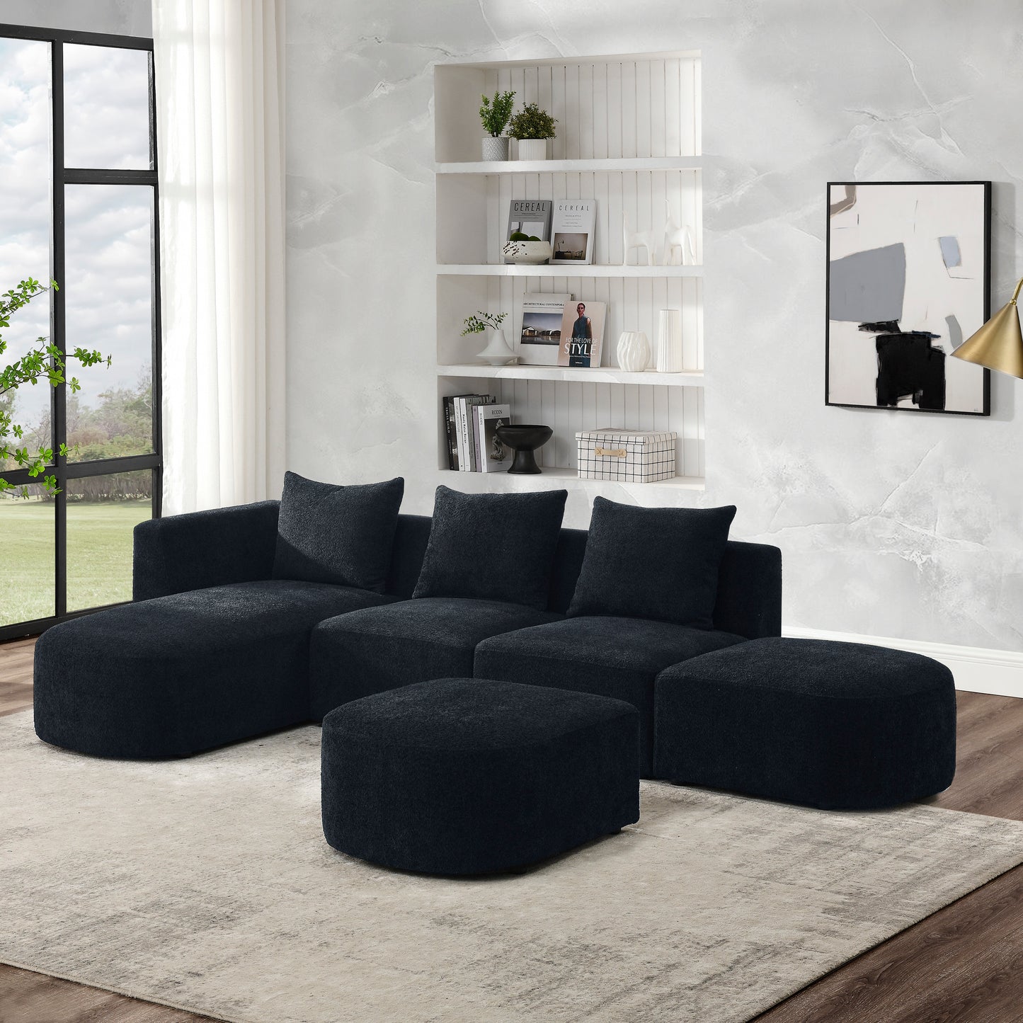 L Shape Sectional Sofa including Two Single Seats, Left Side Chaise and Two Ottomans, Modular Sofa, DIY Combination, Loop Yarn Fabric, Black