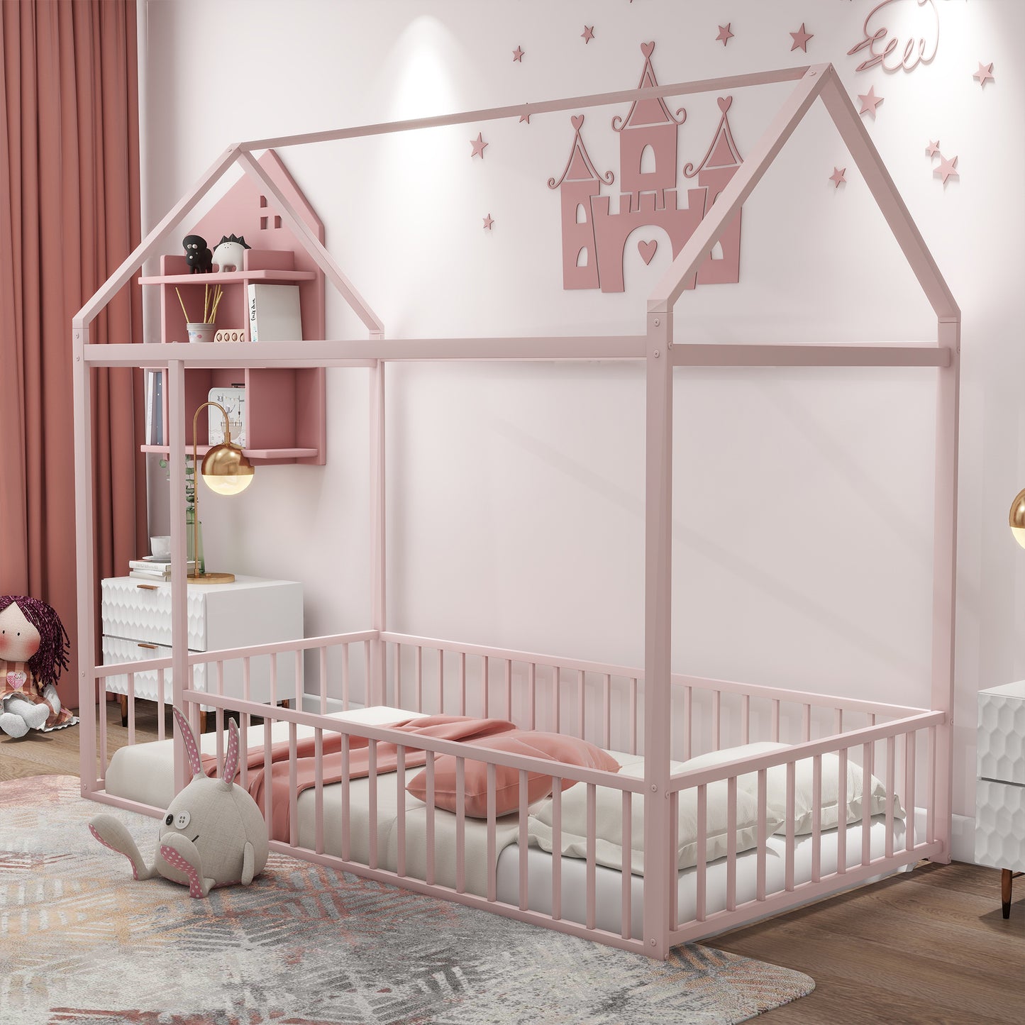 Twin Size Metal Bed House Bed Frame with Fence, for Kids, Teens, Girls, Boys, Pink