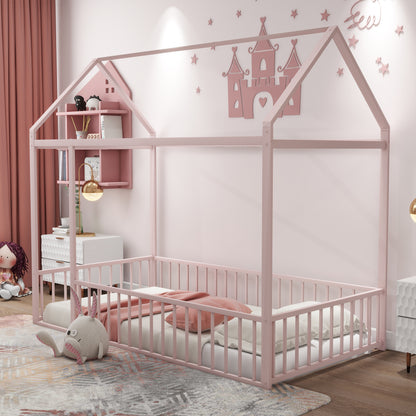 Twin Size Metal Bed House Bed Frame with Fence, for Kids, Teens, Girls, Boys, Pink