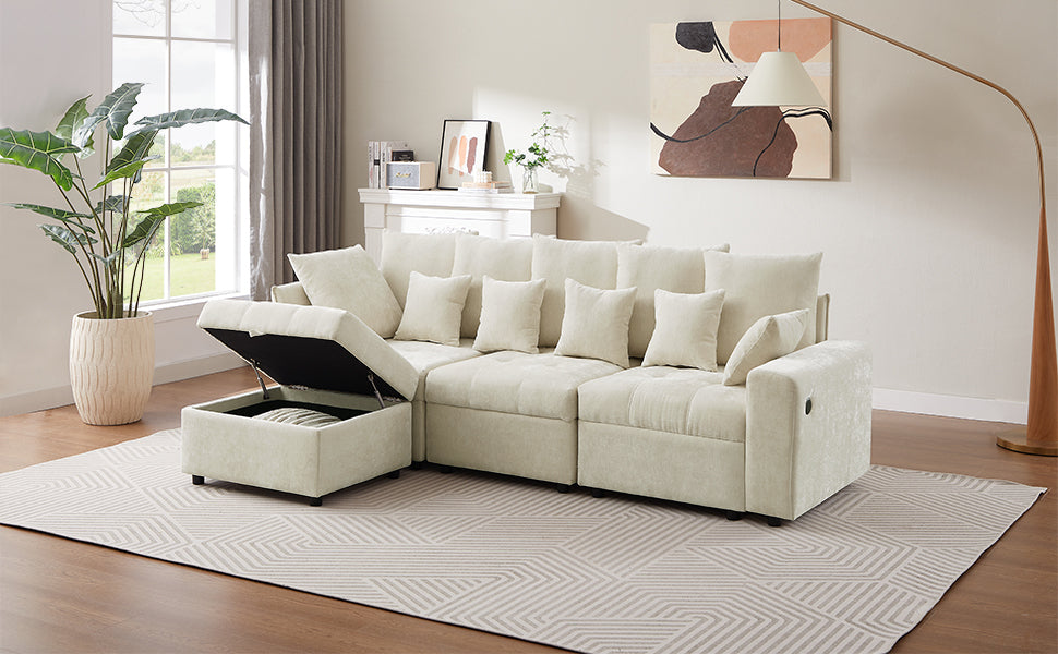 96.45"Sectional sofa Modular Sofa Couch with Three USB Ports, a Removable Storage Ottoman and Five Back Pillows for Living Room, Beige