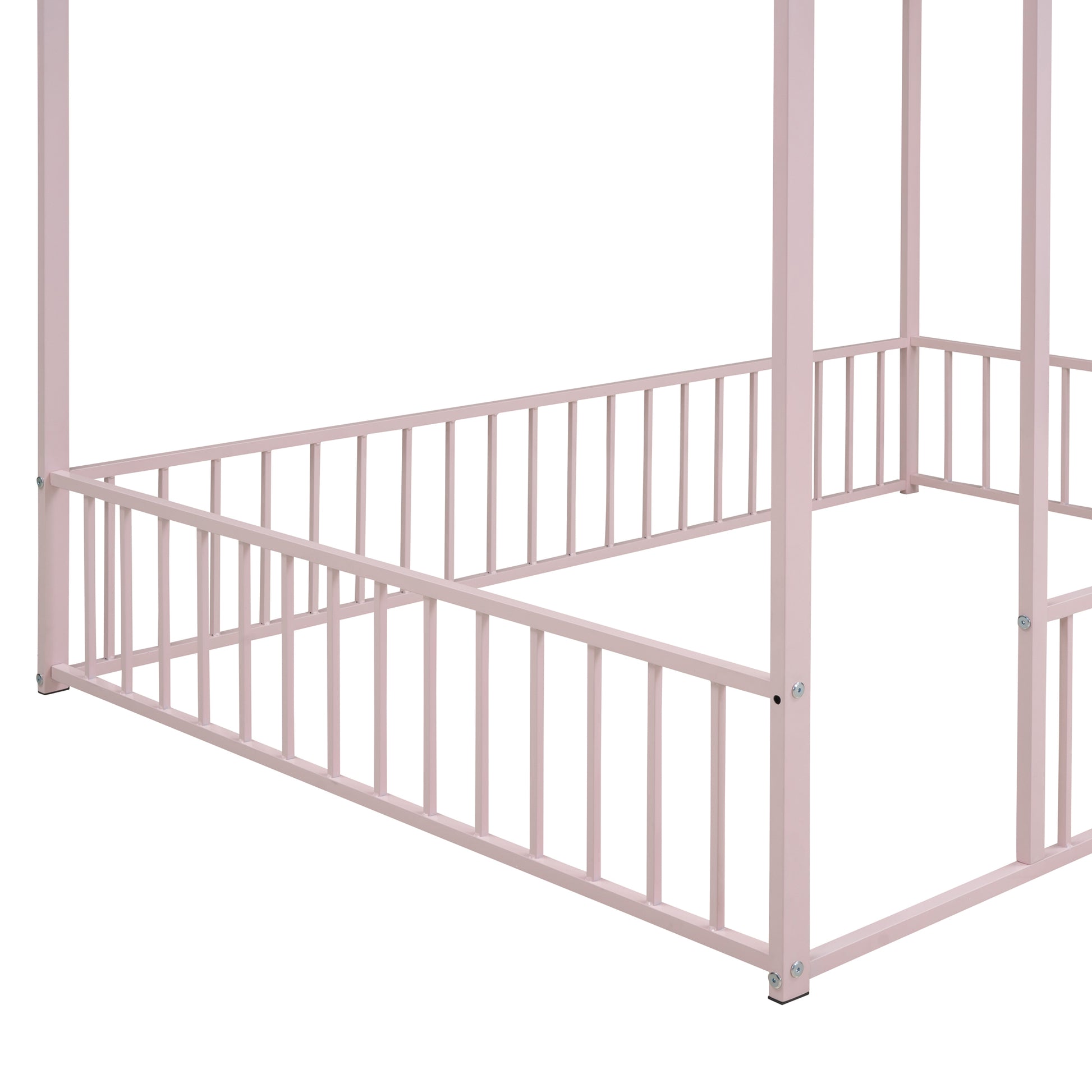 Full Size Metal Bed House Bed Frame with Fence, for Kids, Teens, Girls, Boys,Pink