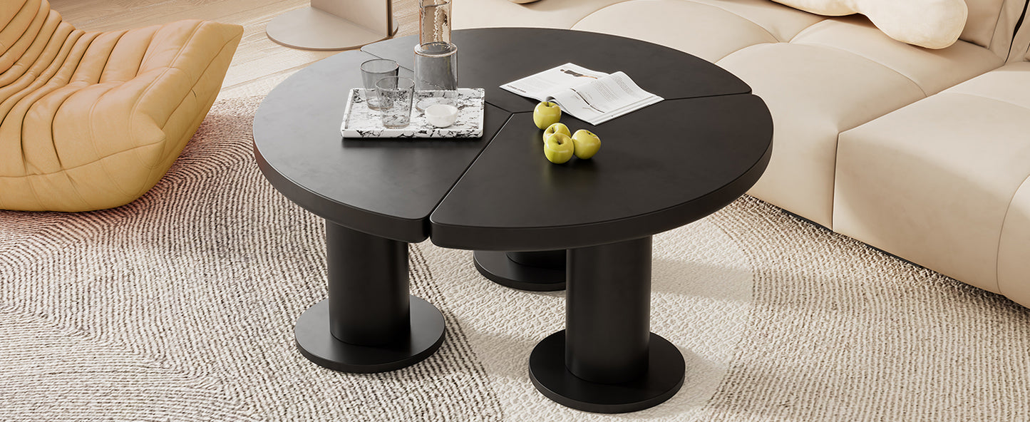 ON-TREND Φ39.4'' Easy Assembly Round Petal-Shaped Coffee Table, Cream Style Center Table with 3 Thick Legs, Minimalist Irregular End Table with Sleek Round Edges for Living Room, Black