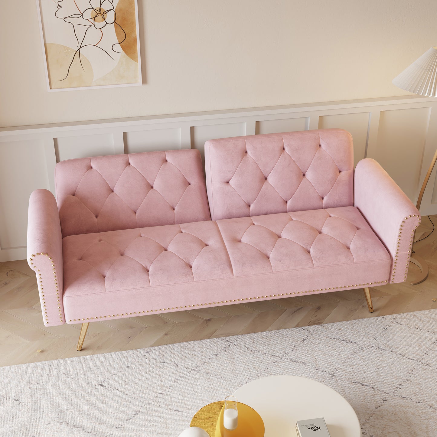 69.7 inch pink velvet nail head sofa bed with throw pillow